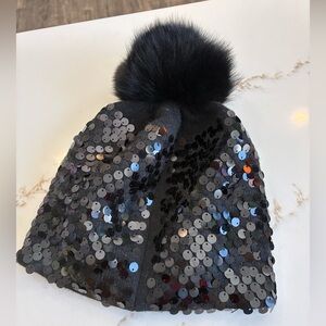 Adrienne Landau Sequin Beanie with Fox Fur Pom black